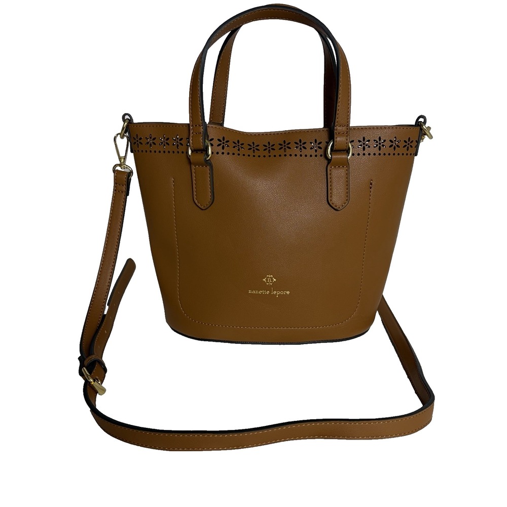 Nanette‎ Lepore Bucket Bag Purse Cognac Tan Floral Cut Out Cottage Core Boho